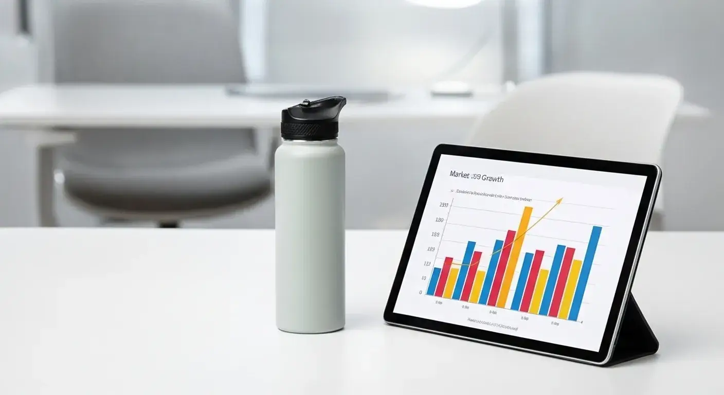 Reusable bottle market trend Graph beside reusable bottle on desk