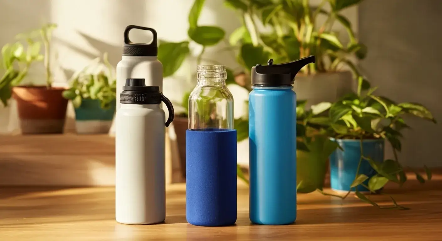 Steel, glass, plastic options Three reusable bottles: steel, glass, BPA-free plastic