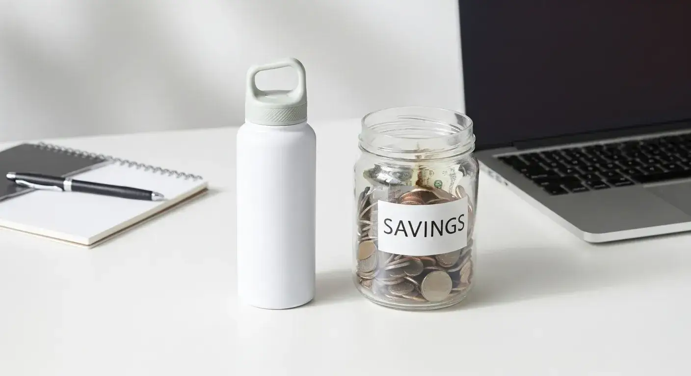 Save money with reusables Reusable bottle next to savings jar