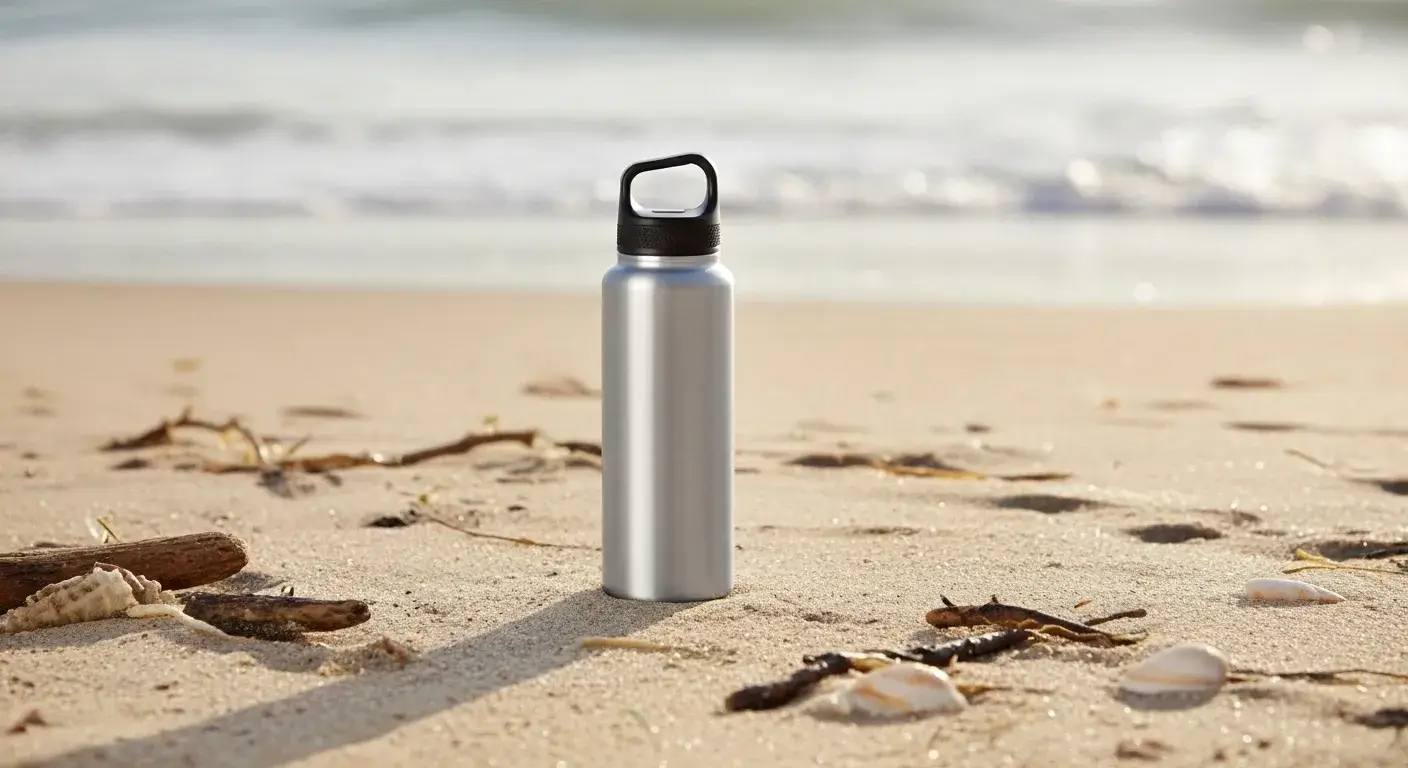 Eco impact of reusables Reusable bottle on beach with no plastic waste