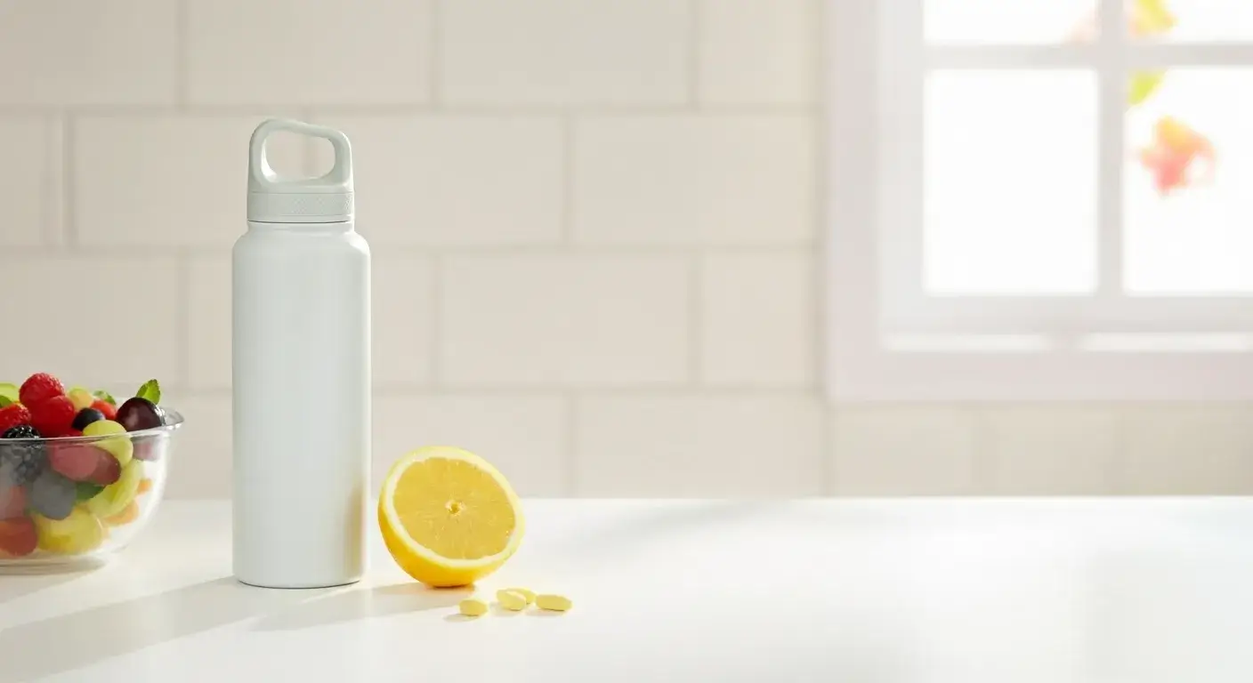 Health benefits of reusables Reusable bottle beside fruit and vitamins