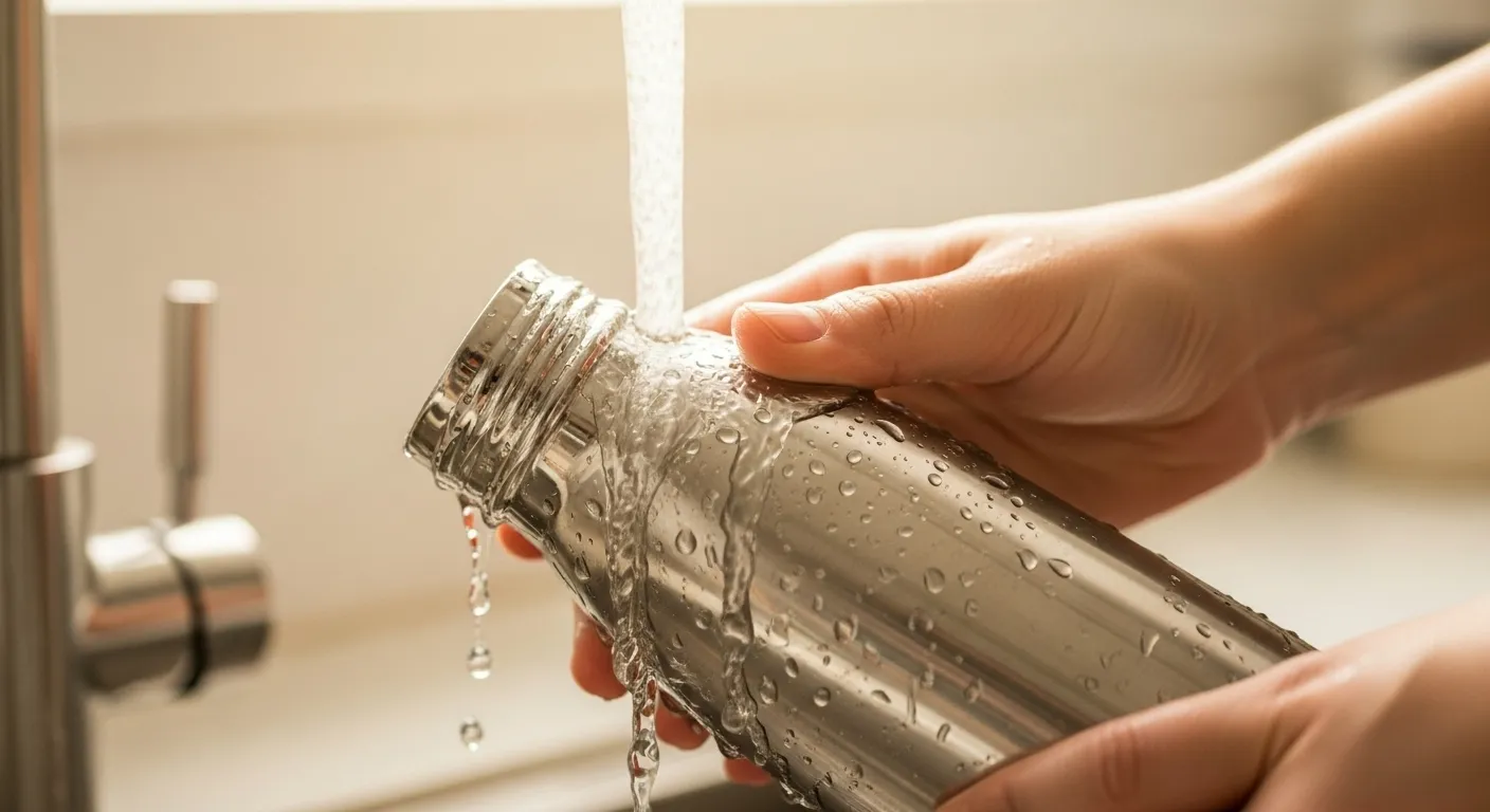 Cleaning reusable bottle under faucet