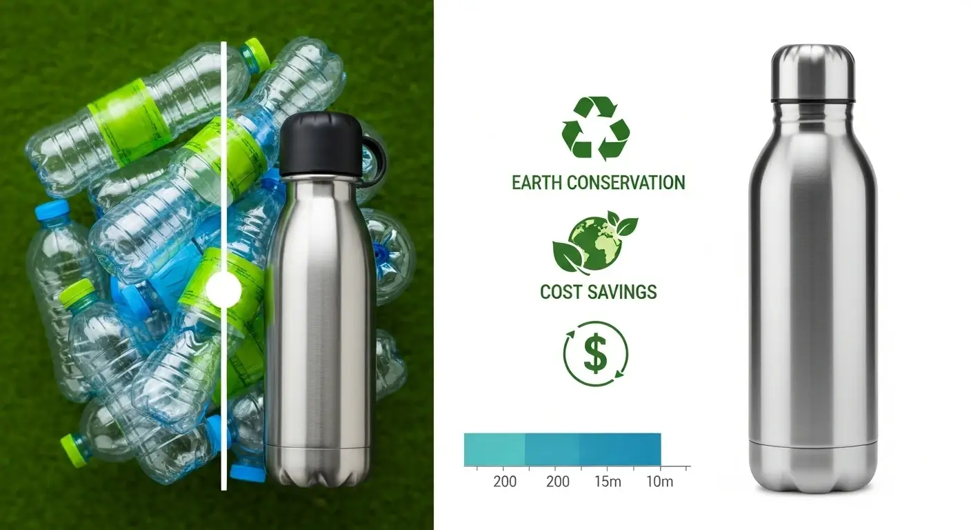 Plastic bottle waste vs reusable bottle eco benefits with Earth background