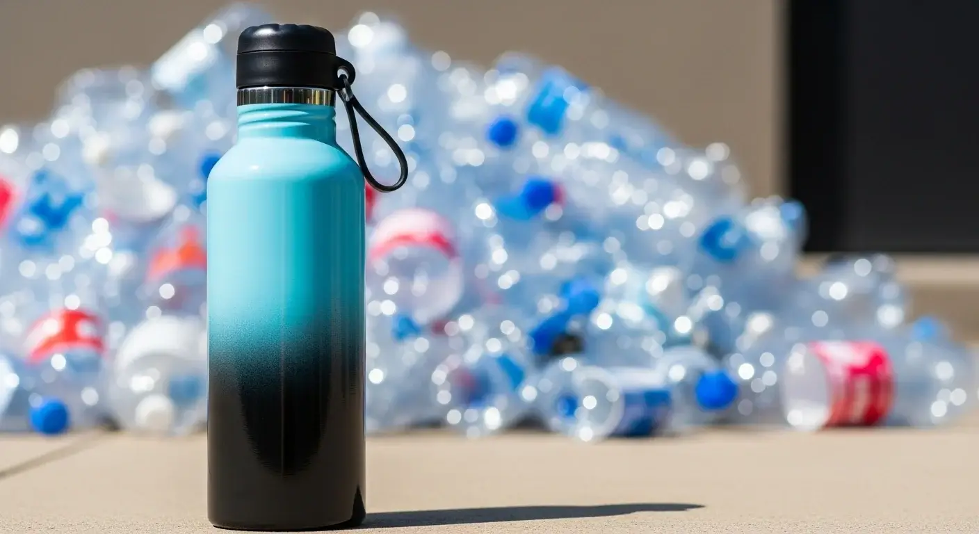 Refillable bottle replacing pile of plastic bottles
