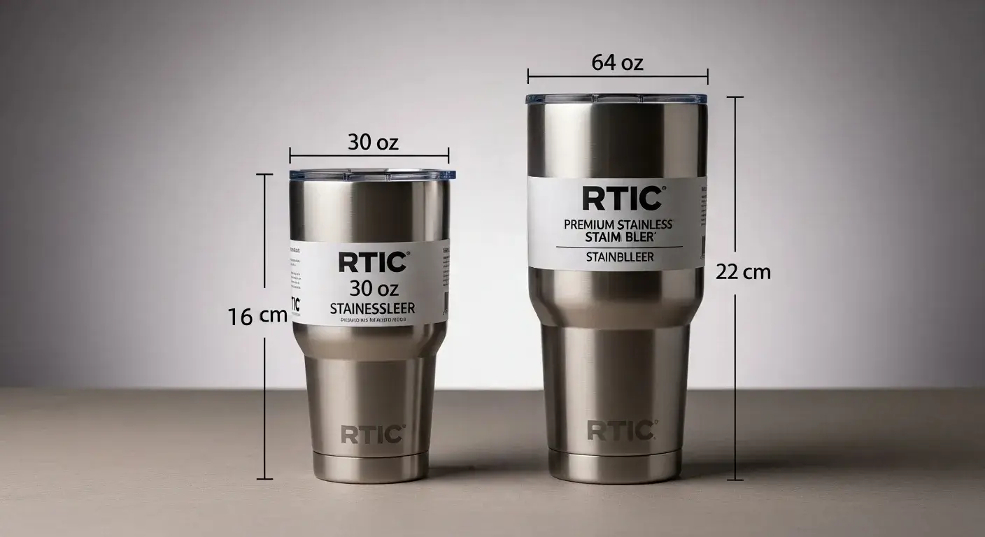 RTIC tumbler sizes RTIC 30 oz and 64 oz tumblers with specs listed