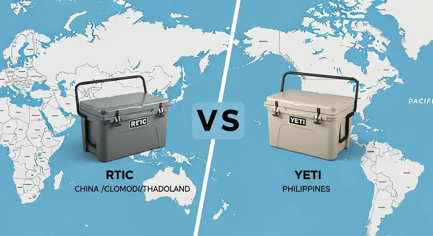 RTIC and Yeti coolers with globe and origin tags