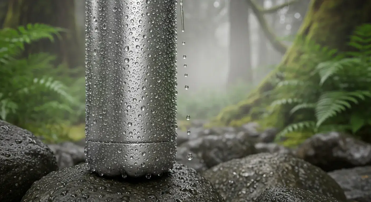 Close-up of bottle in humid, rainy environment