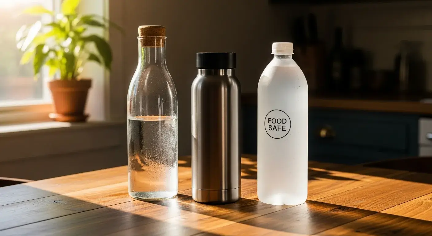 Glass, stainless steel, and BPA-free water bottles on table
