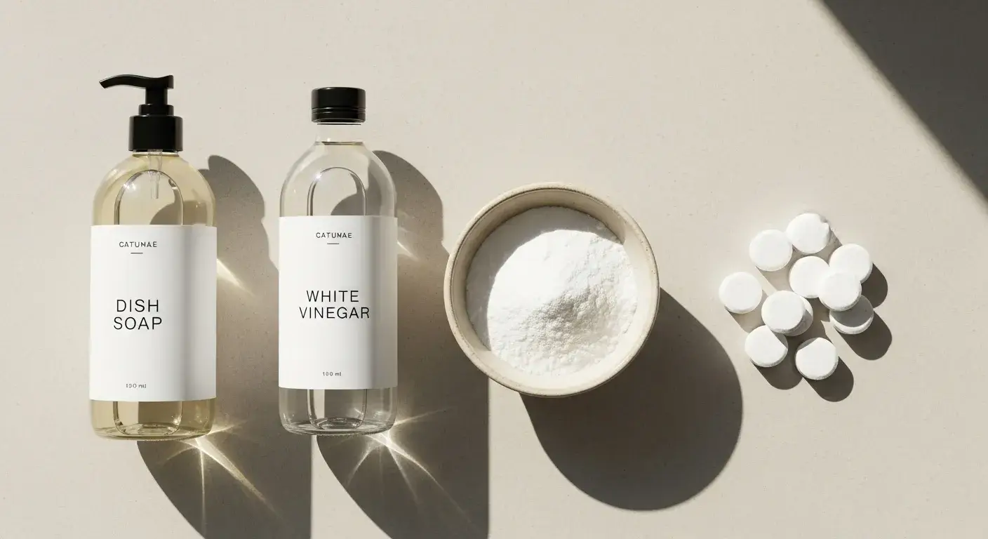 Natural cleaning solutions Soap, vinegar, baking soda, and bottle tablets on counter