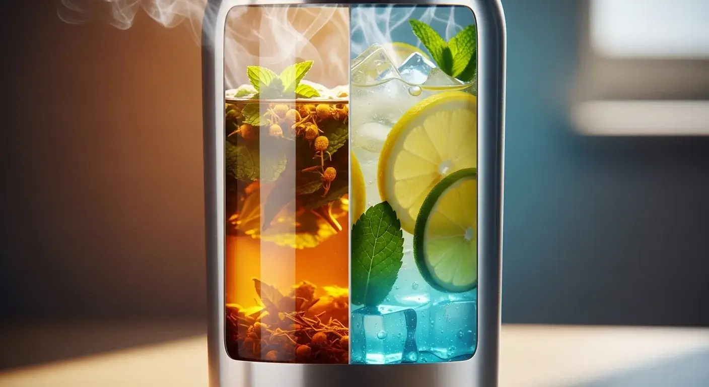 Bottle holding hot tea and iced drink side by side