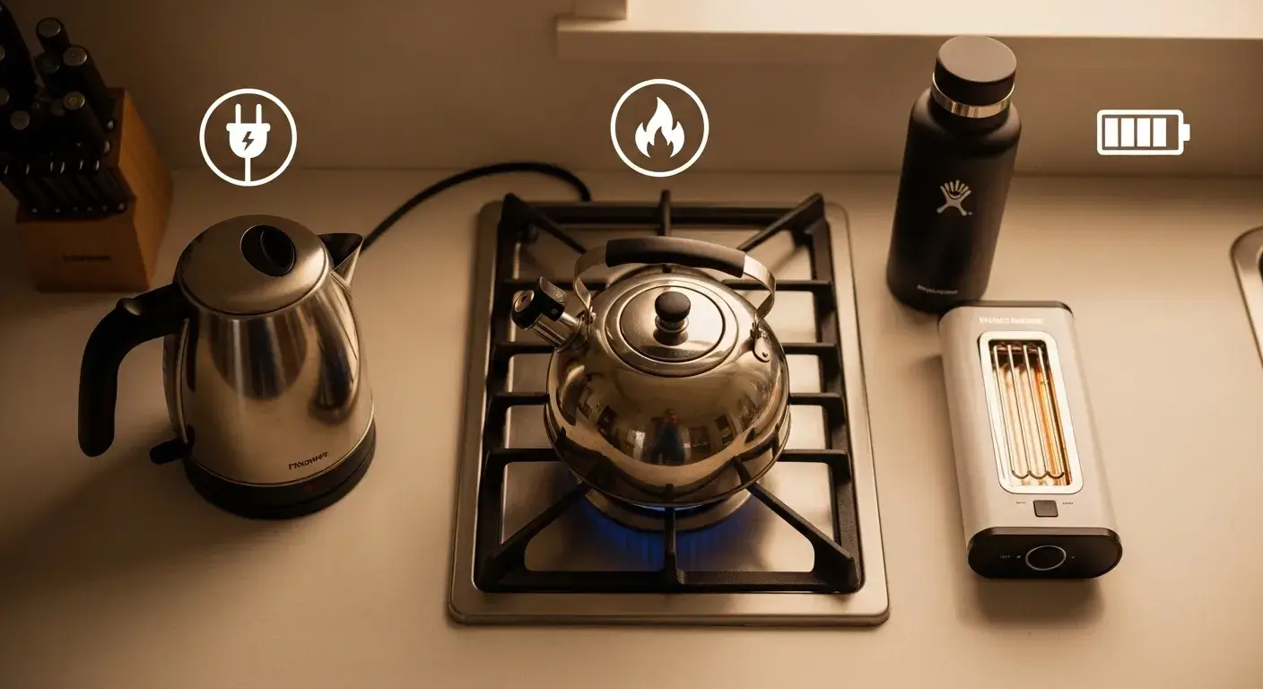 Stovetop, kettle, and portable heater next to bottle