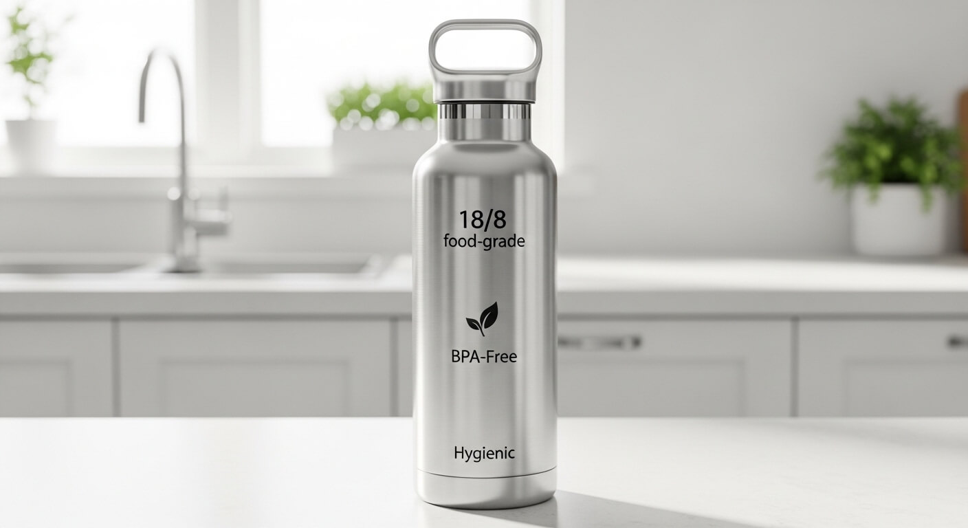 Food-grade stainless steel bottle labeled BPA-free, safe, and hygienic on a kitchen counter