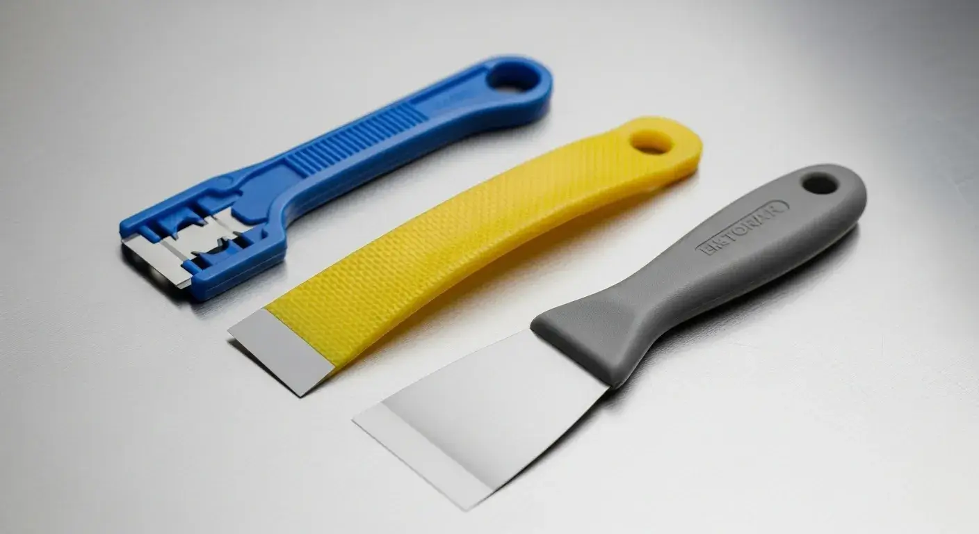 Plastic scraper tools on metal sheet
