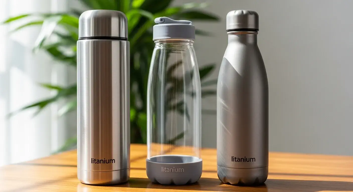 Stainless steel, glass, and titanium bottles on wood