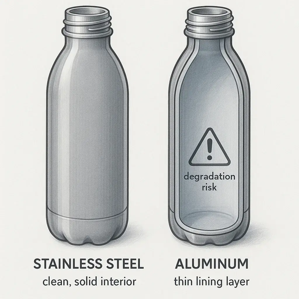 Cross-section illustration showing stainless bottle with no liner and aluminum bottle with interior coating