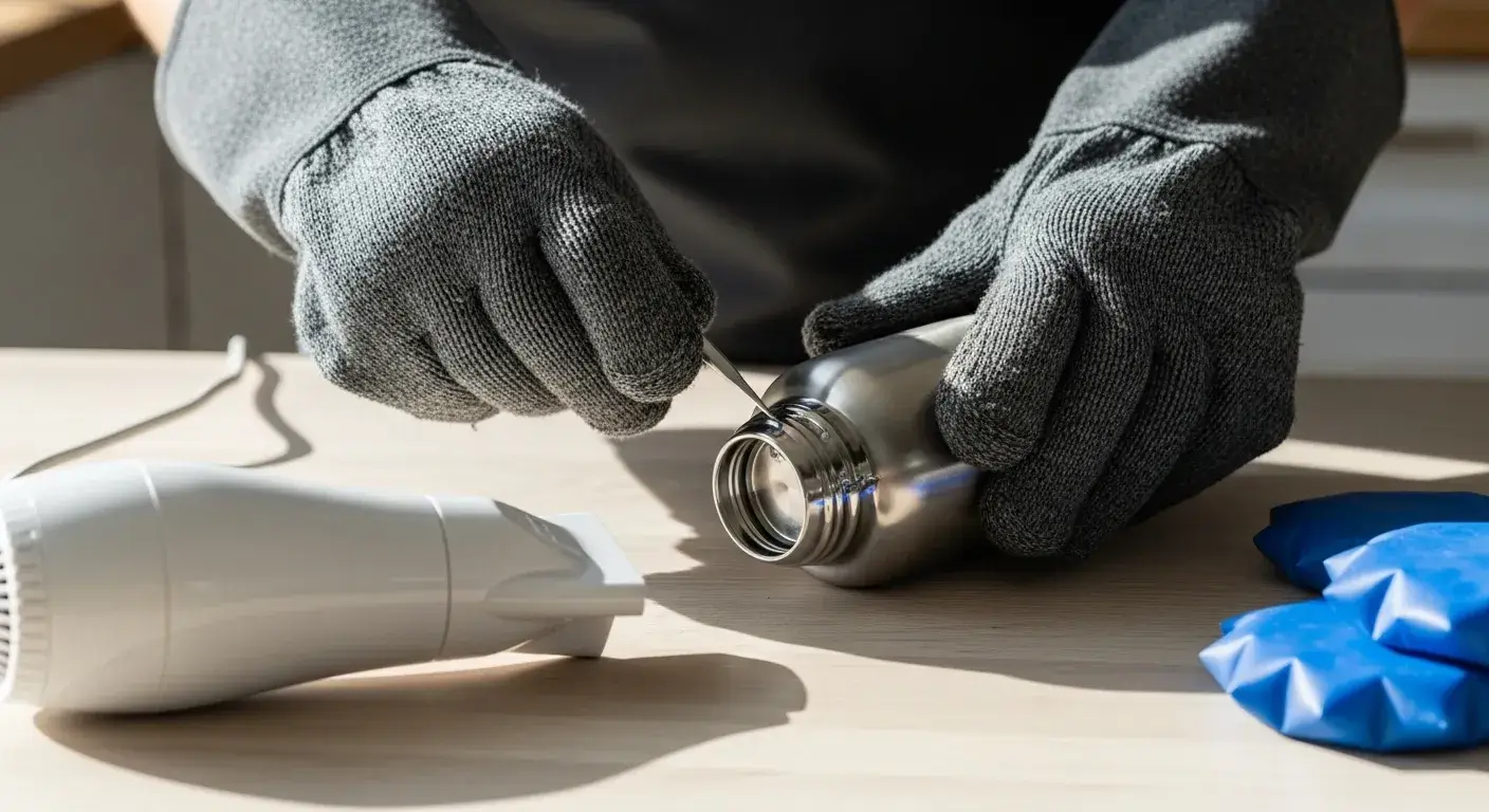 Gloved hands repairing S'well bottle safely