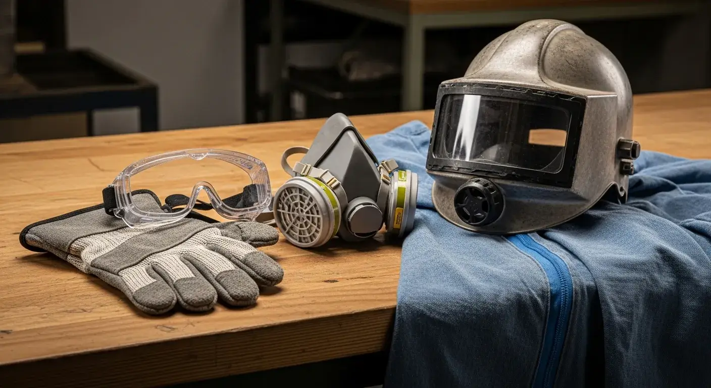 Safety gear laid out on workbench