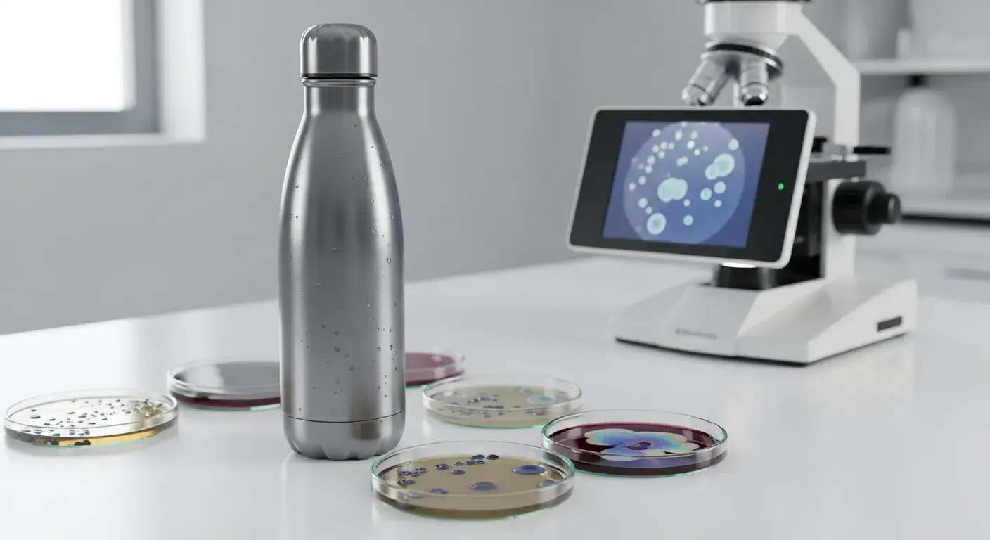 Science of cleaning bottles Petri dish, microscope, and clean bottle on lab table