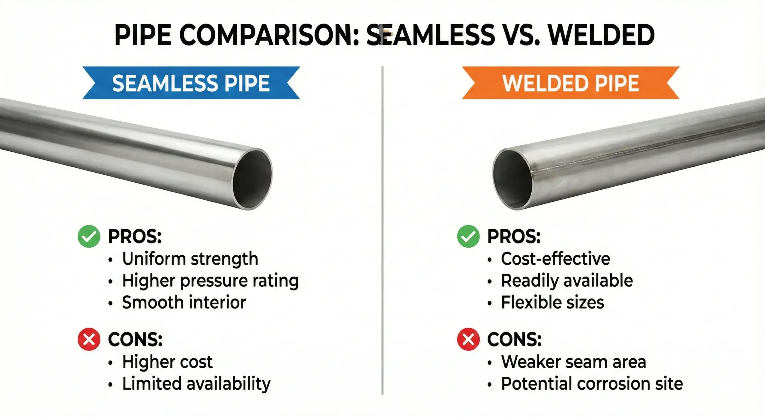 Seamless vs welded pipes Side-by-side comparison of seamless and welded pipes