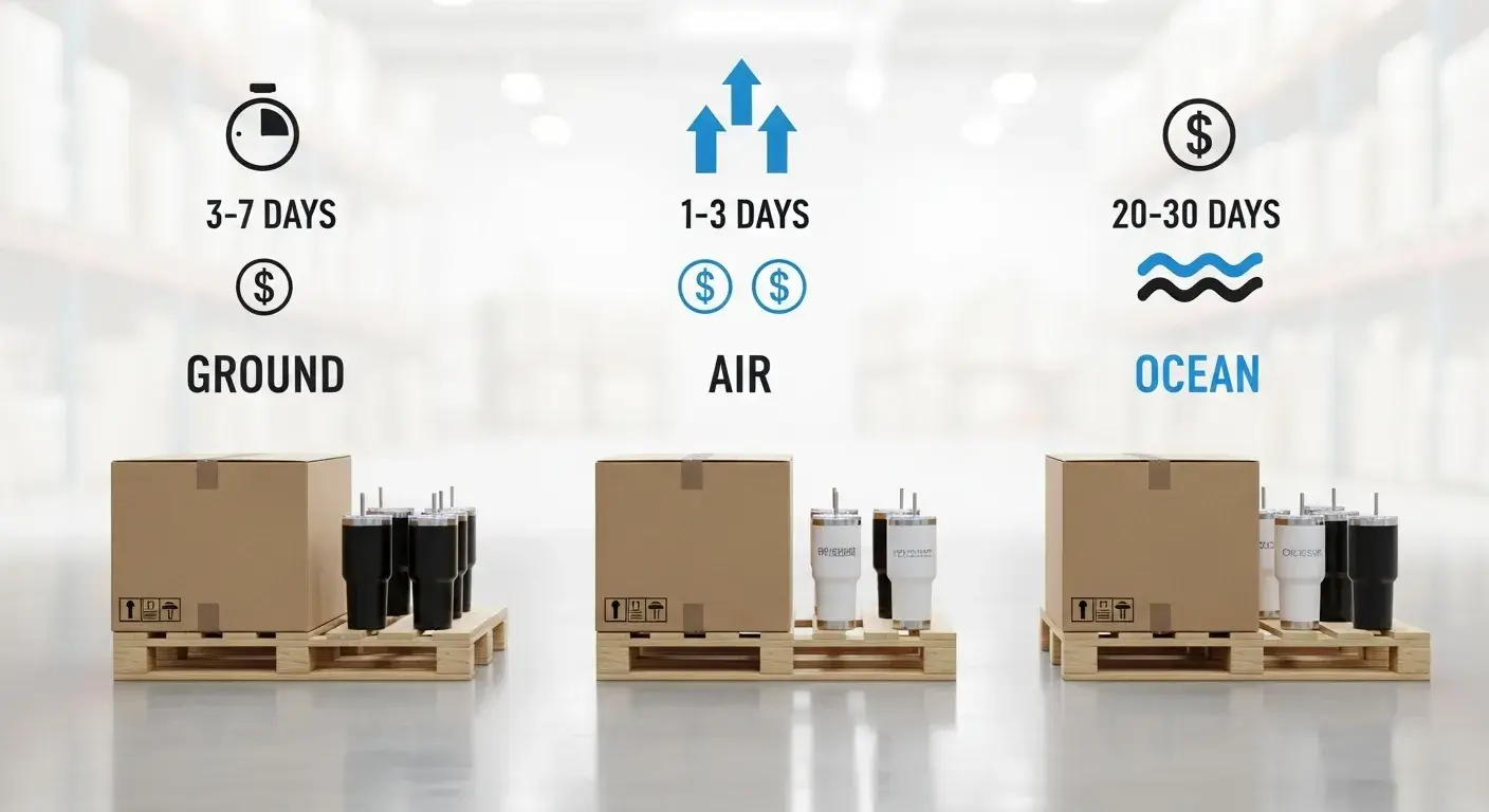 Compare tumbler shipping methods Ground, air, and ocean shipping icons with tumblers packed for shipment