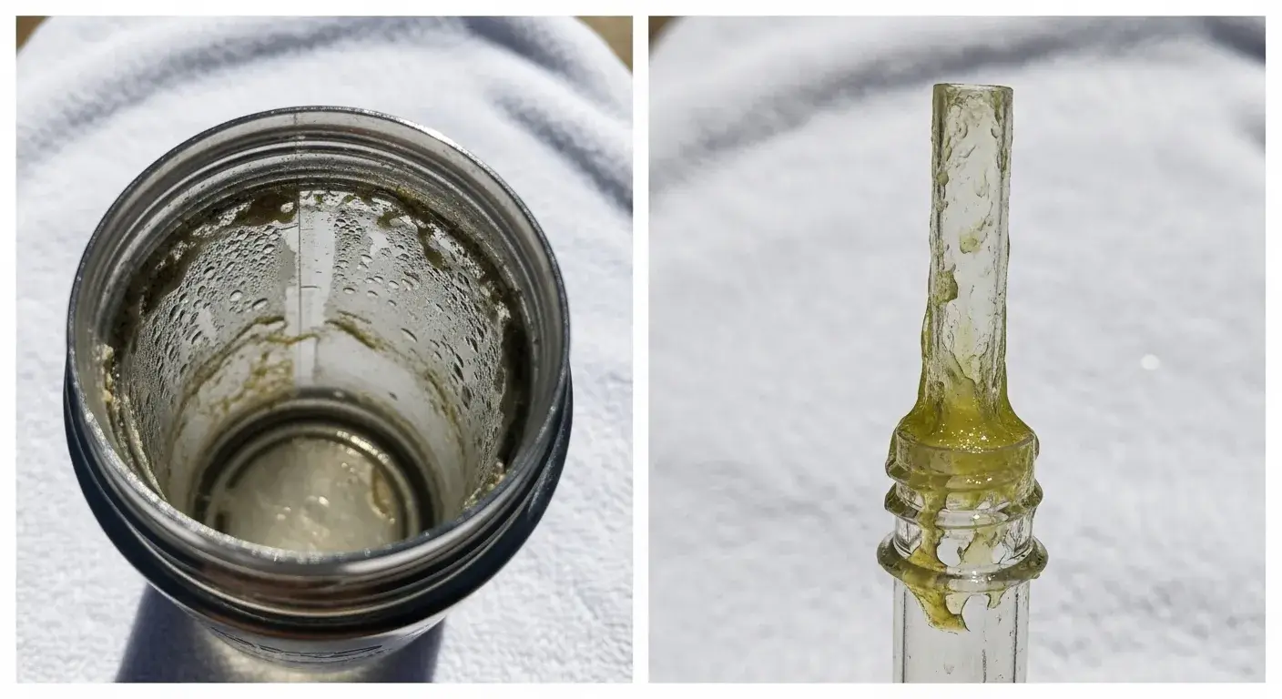 Signs your bottle needs cleaning Slimy straw and cloudy bottle interior shown side by side