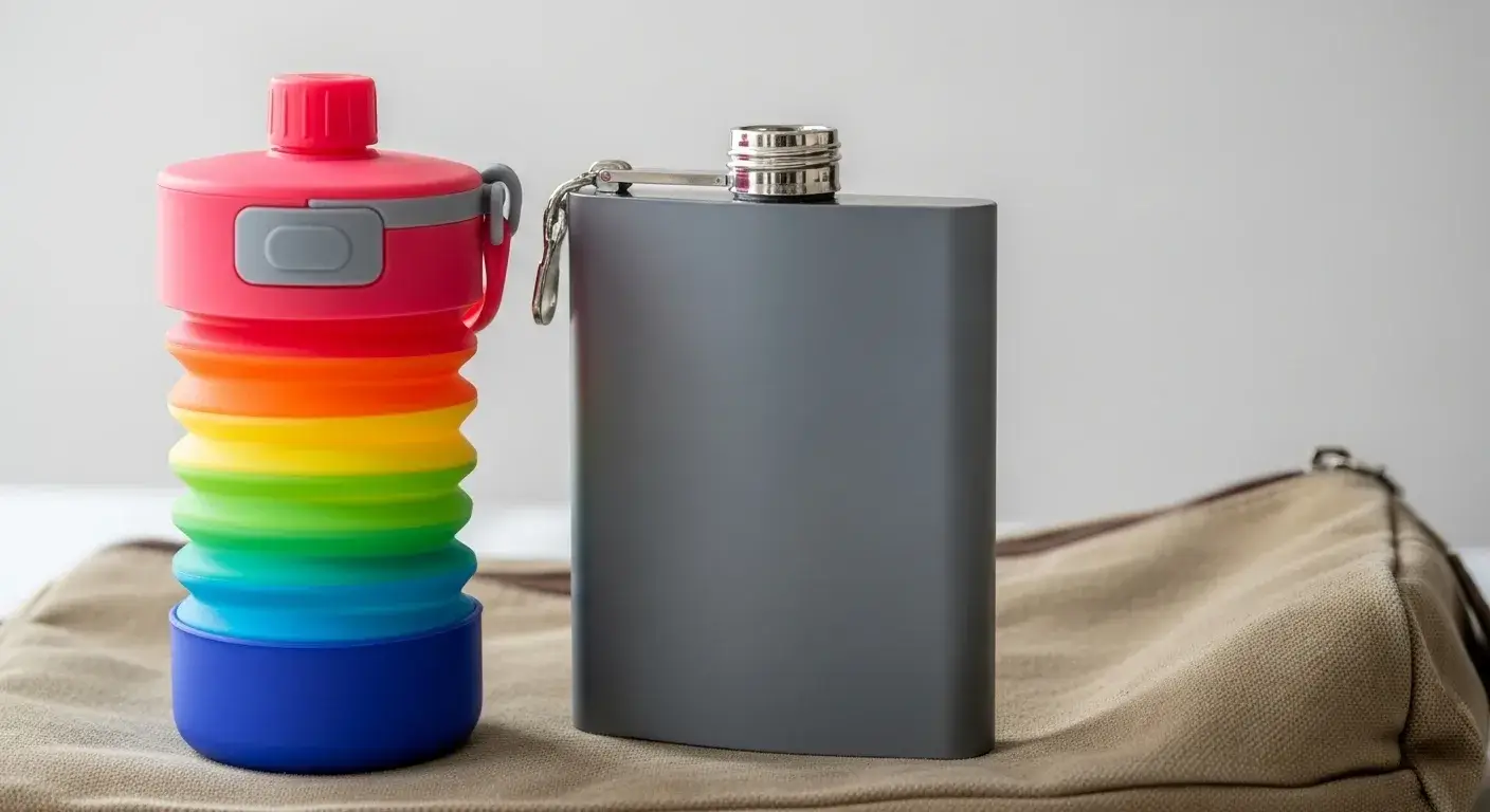 Folded silicone bottle beside ceramic flask on travel bag