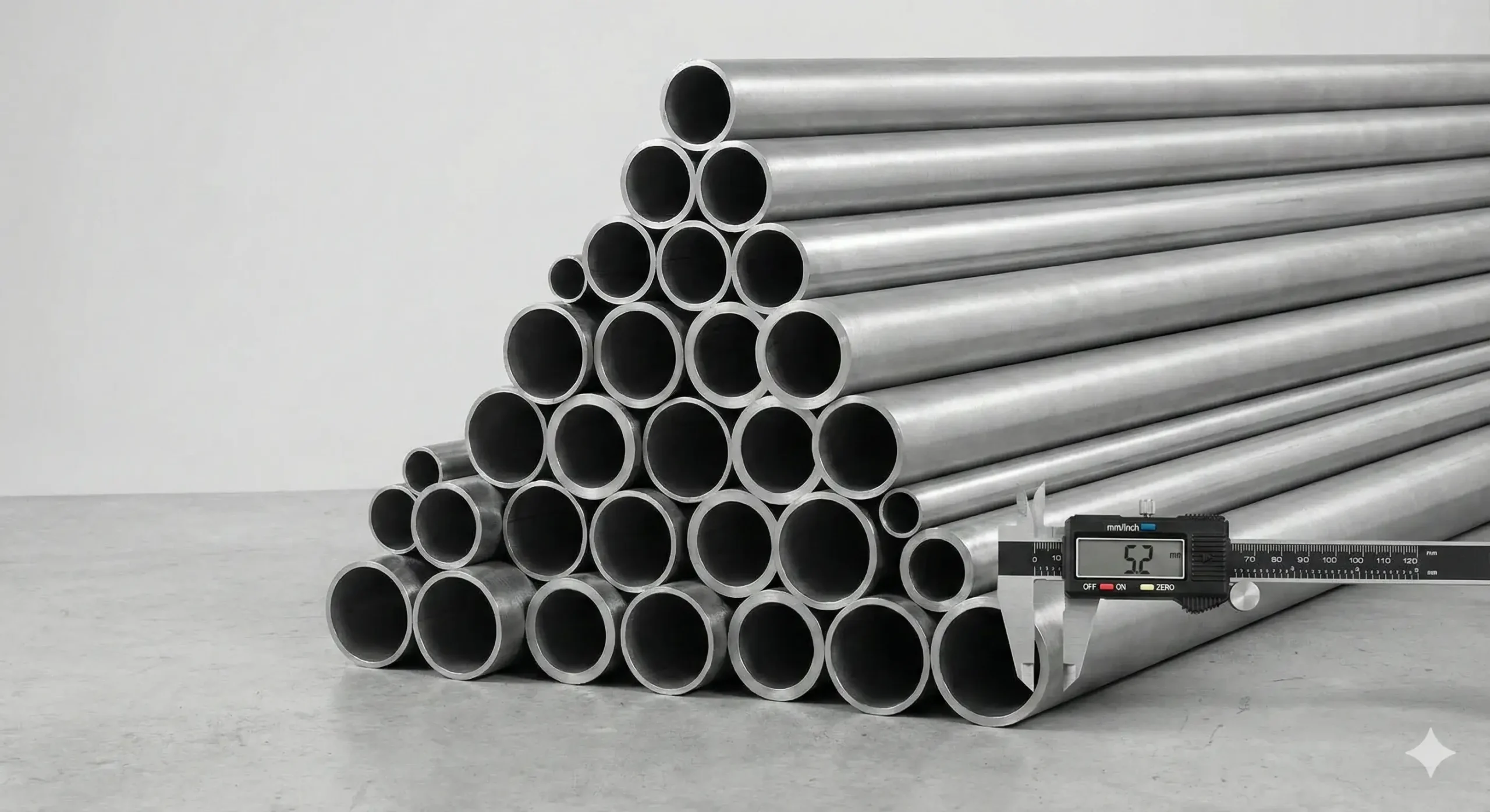 Pipe sizes and specs Different diameters and wall thicknesses of 304 seamless pipes stacked