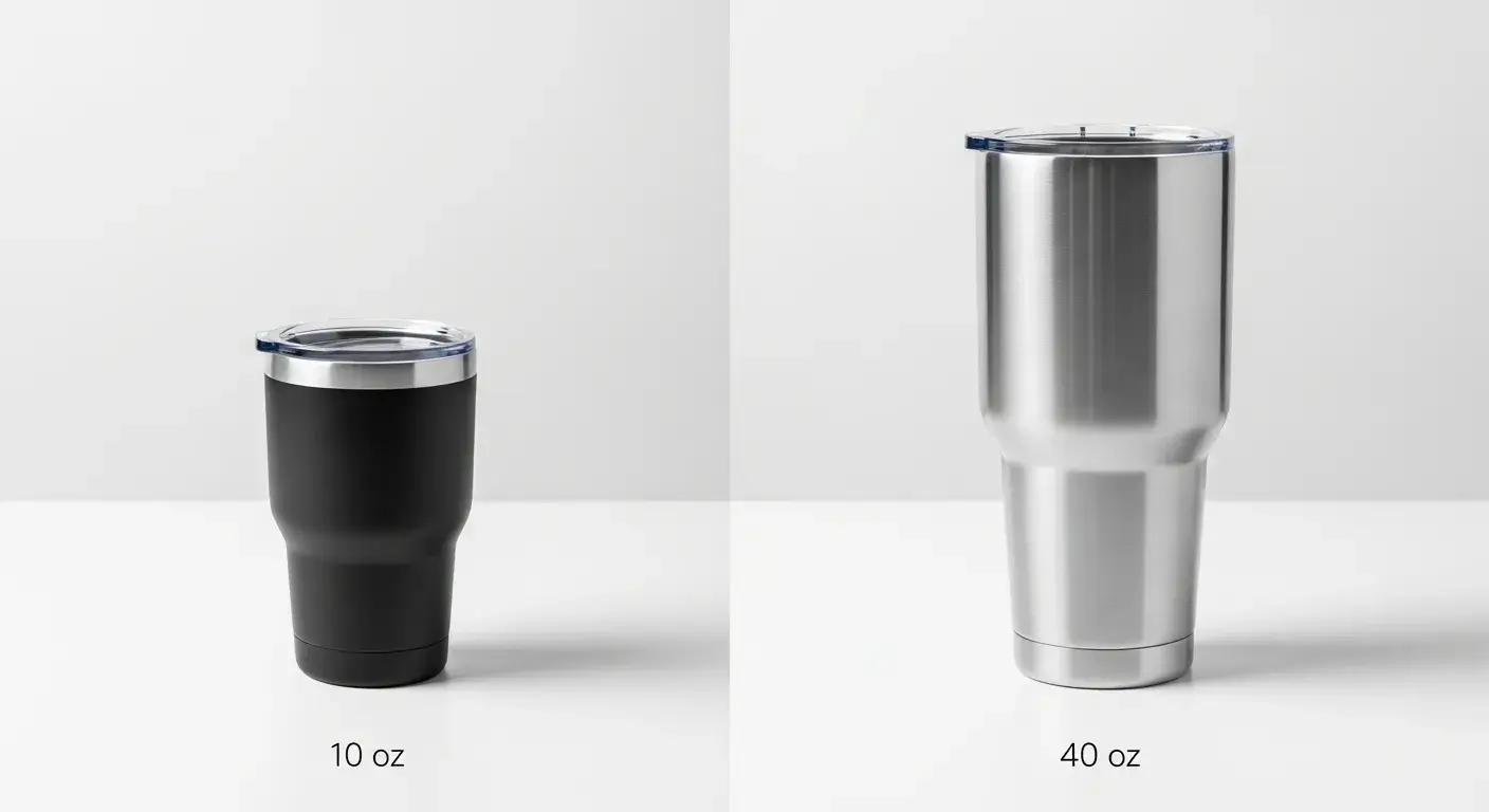 Side-by-side of small and large tumblers with pros and cons icons