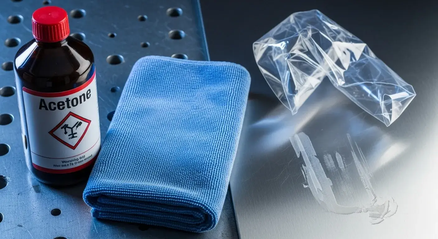 Solvent bottle and cloth beside metal panel