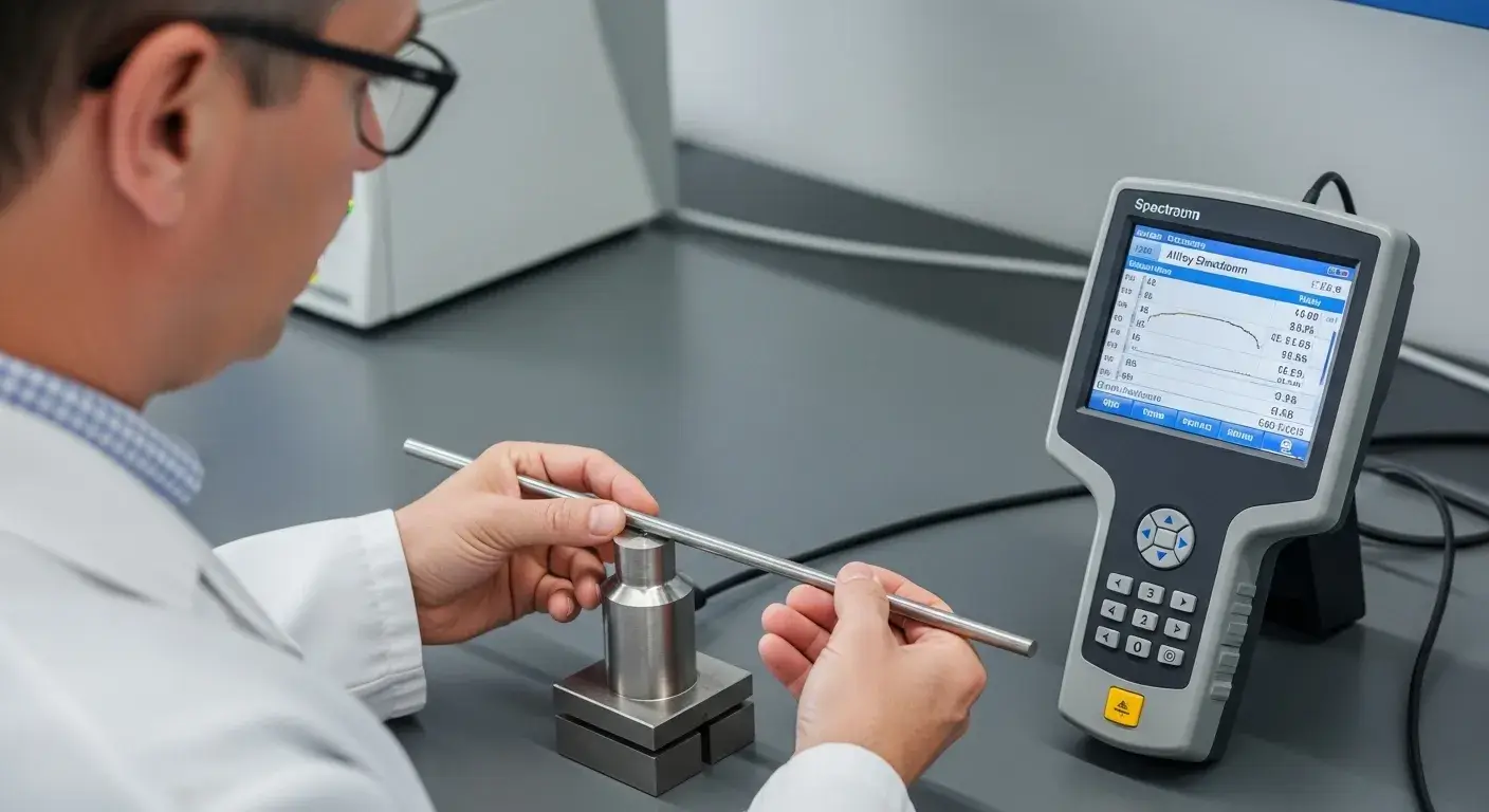 Technician using spectrometer on stainless sample