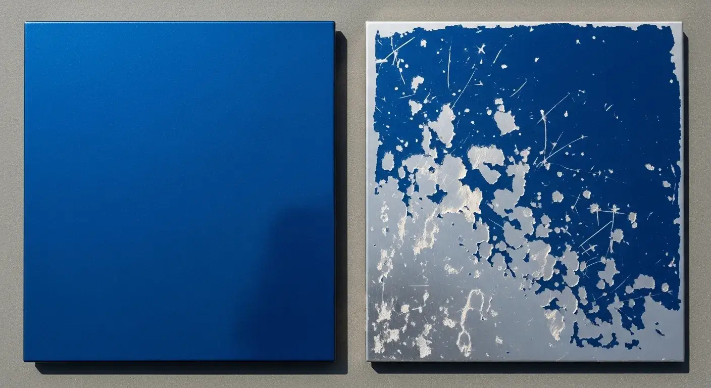 Two painted panels: one intact, one scratched