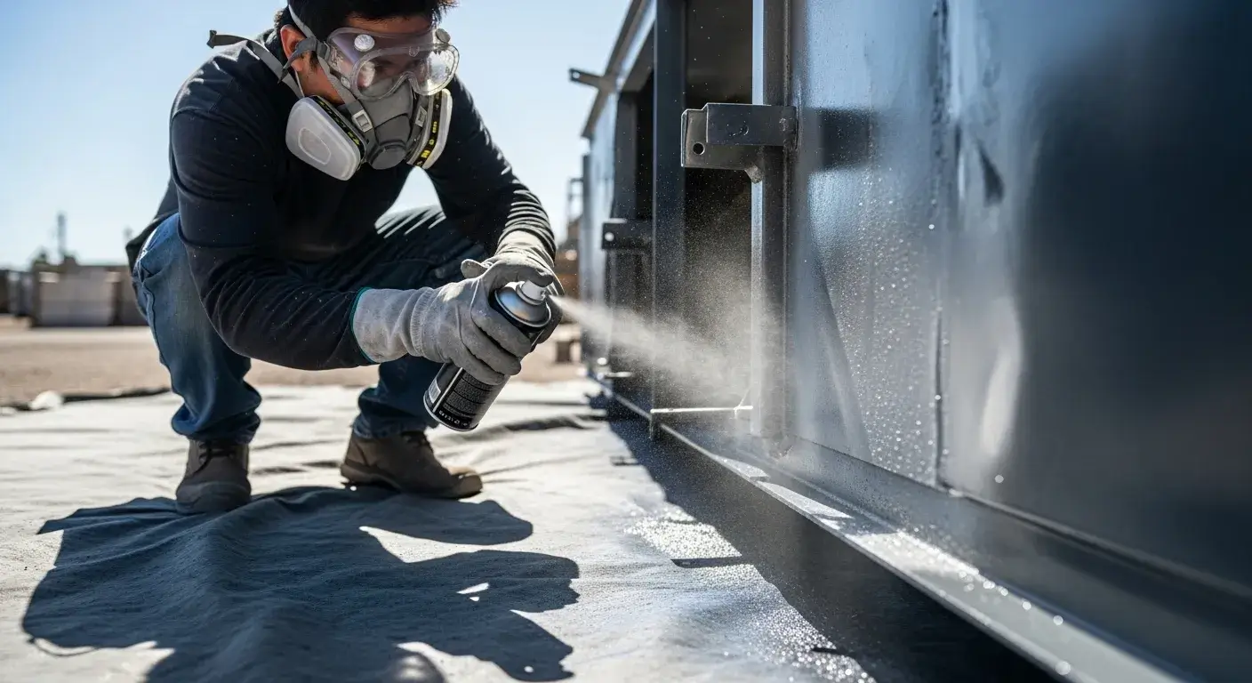 Person wearing respirator and gloves spray painting outdoors