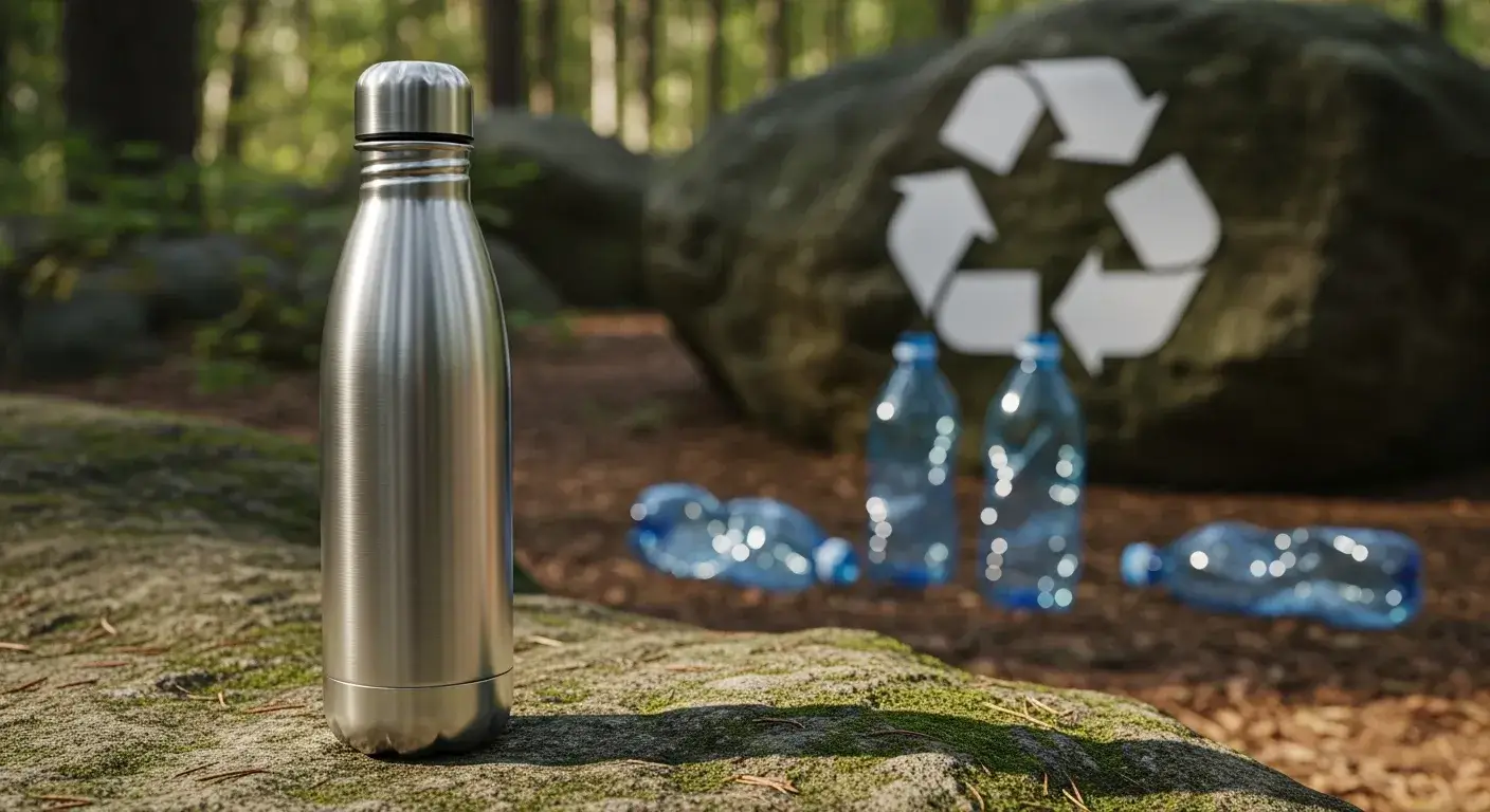 Stainless steel bottle with recycling icon and plastic bottles in background