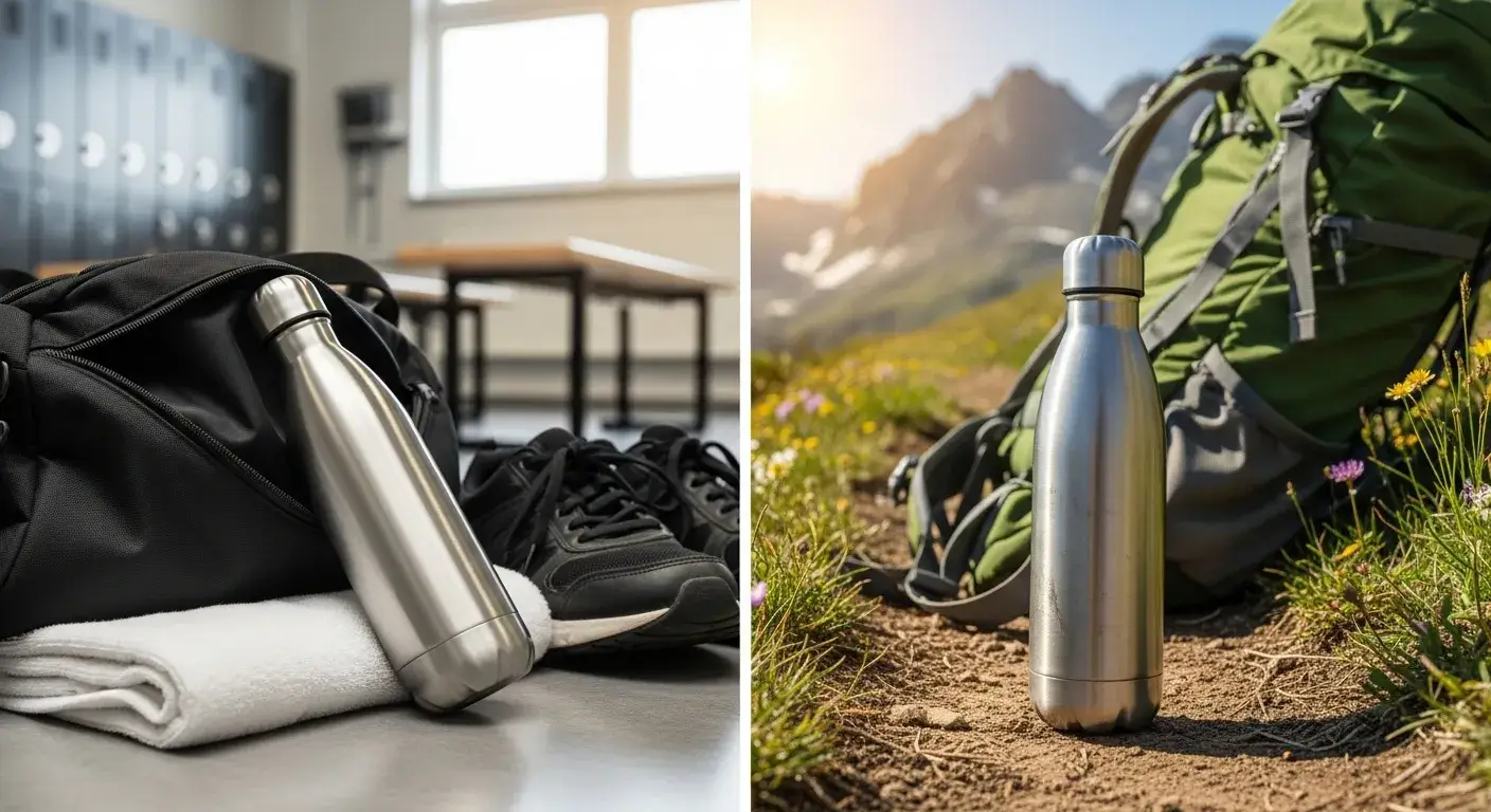 Stainless bottle in gym bag and on hiking trail