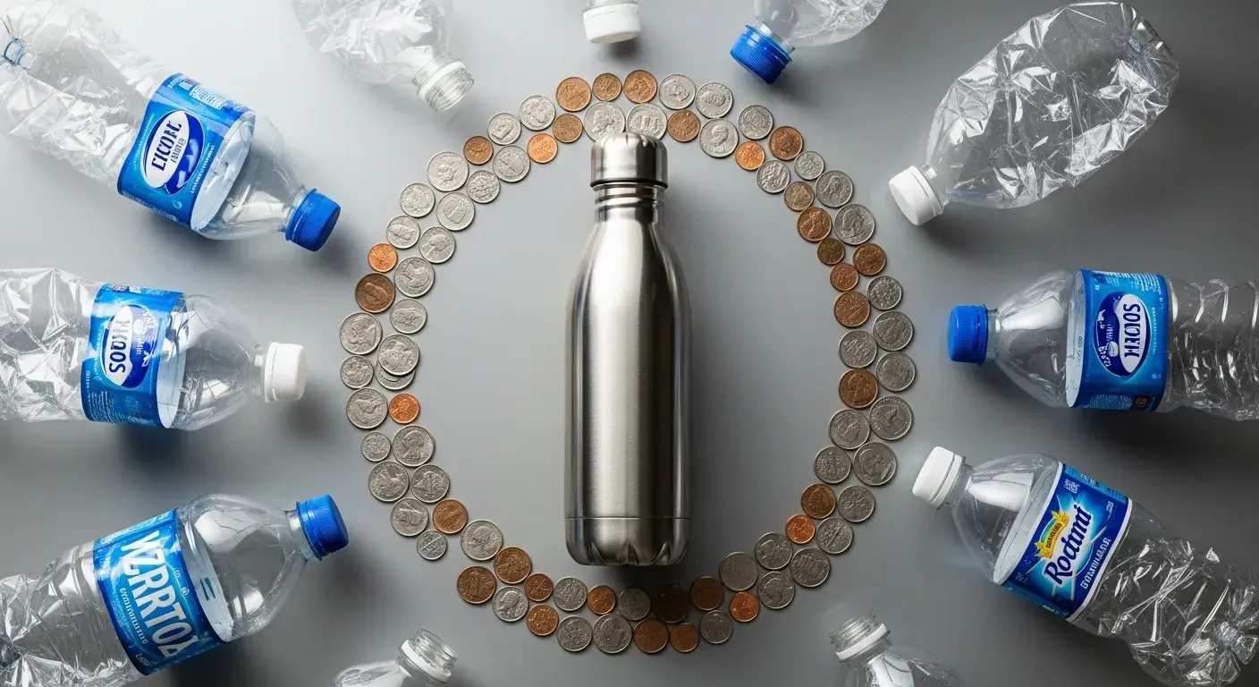 Coins and a stainless steel bottle replacing rows of plastic bottles