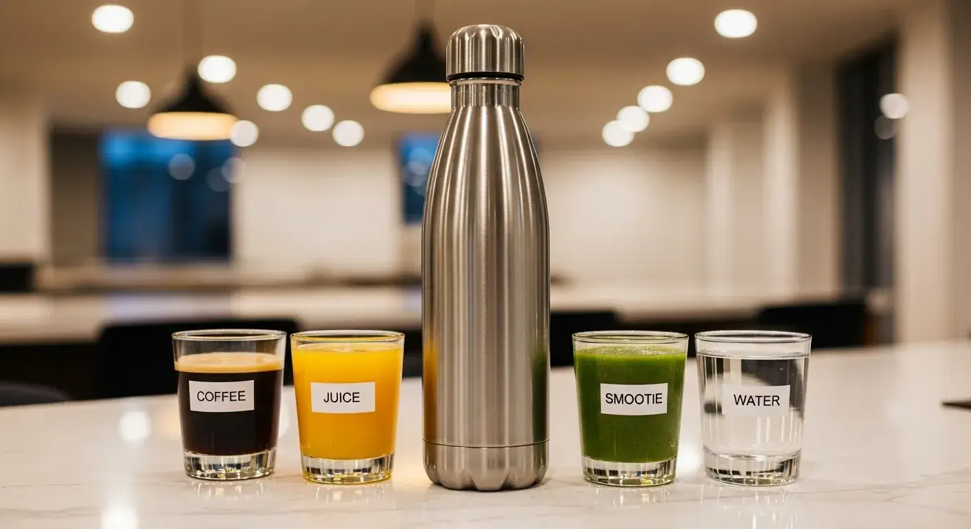 Stainless steel bottle used with water, coffee, juice