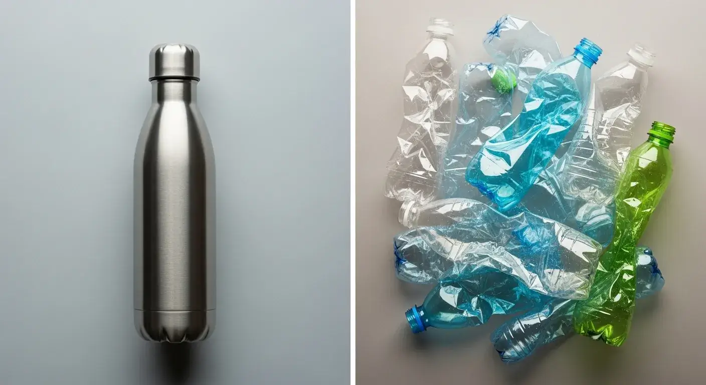 Reusable bottle next to a pile of plastic bottles