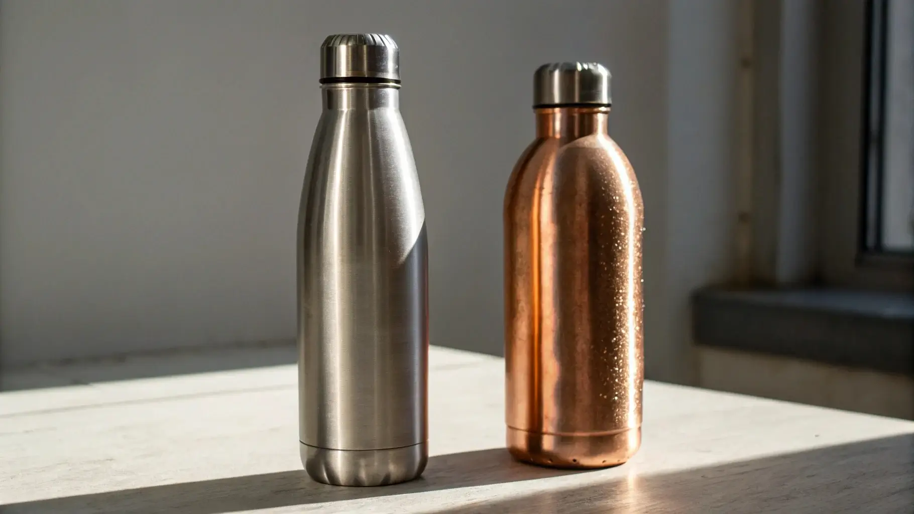 Copper and stainless steel bottles side by side on a wood surface with soft natural lighting