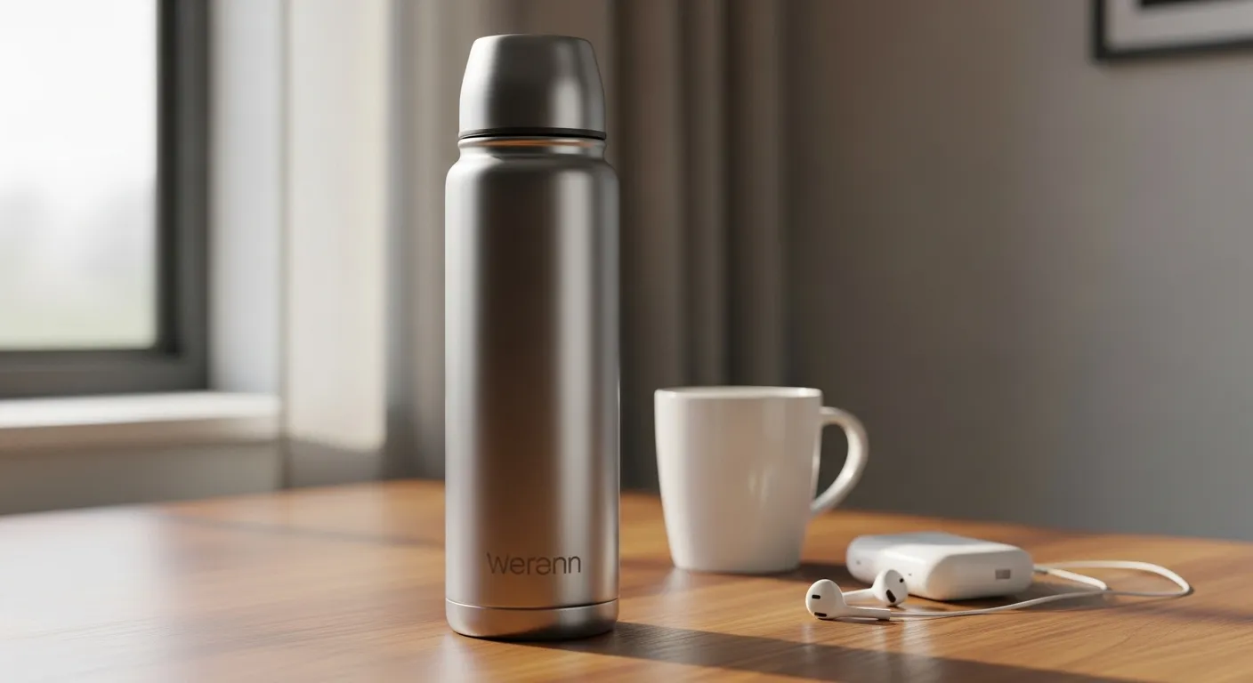 Insulated stainless steel water bottle next to coffee cup