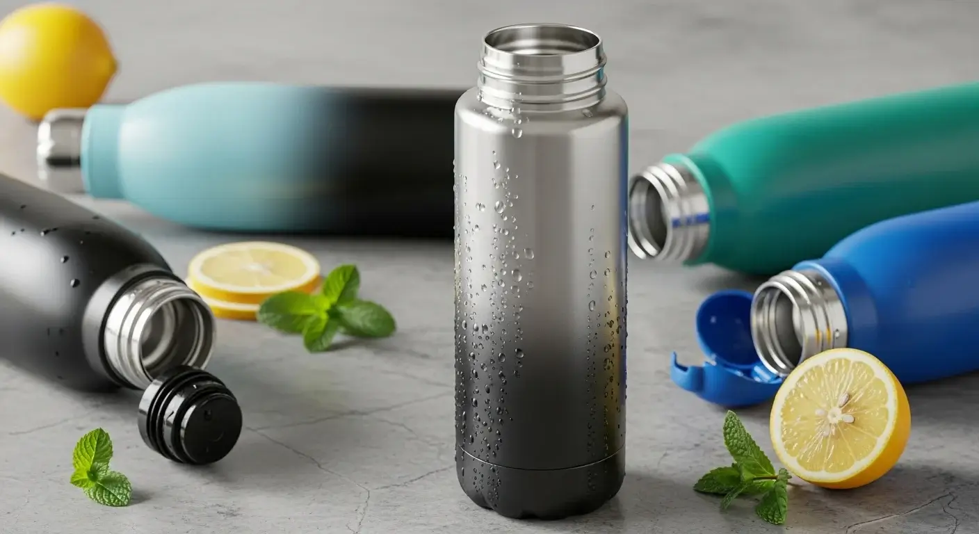 Insulated stainless steel bottle keeping water cold with drops of condensation