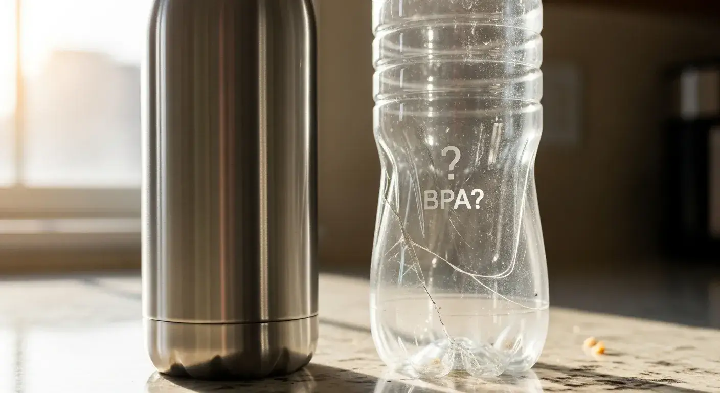 Plastic bottle cracked beside a clean stainless steel bottle