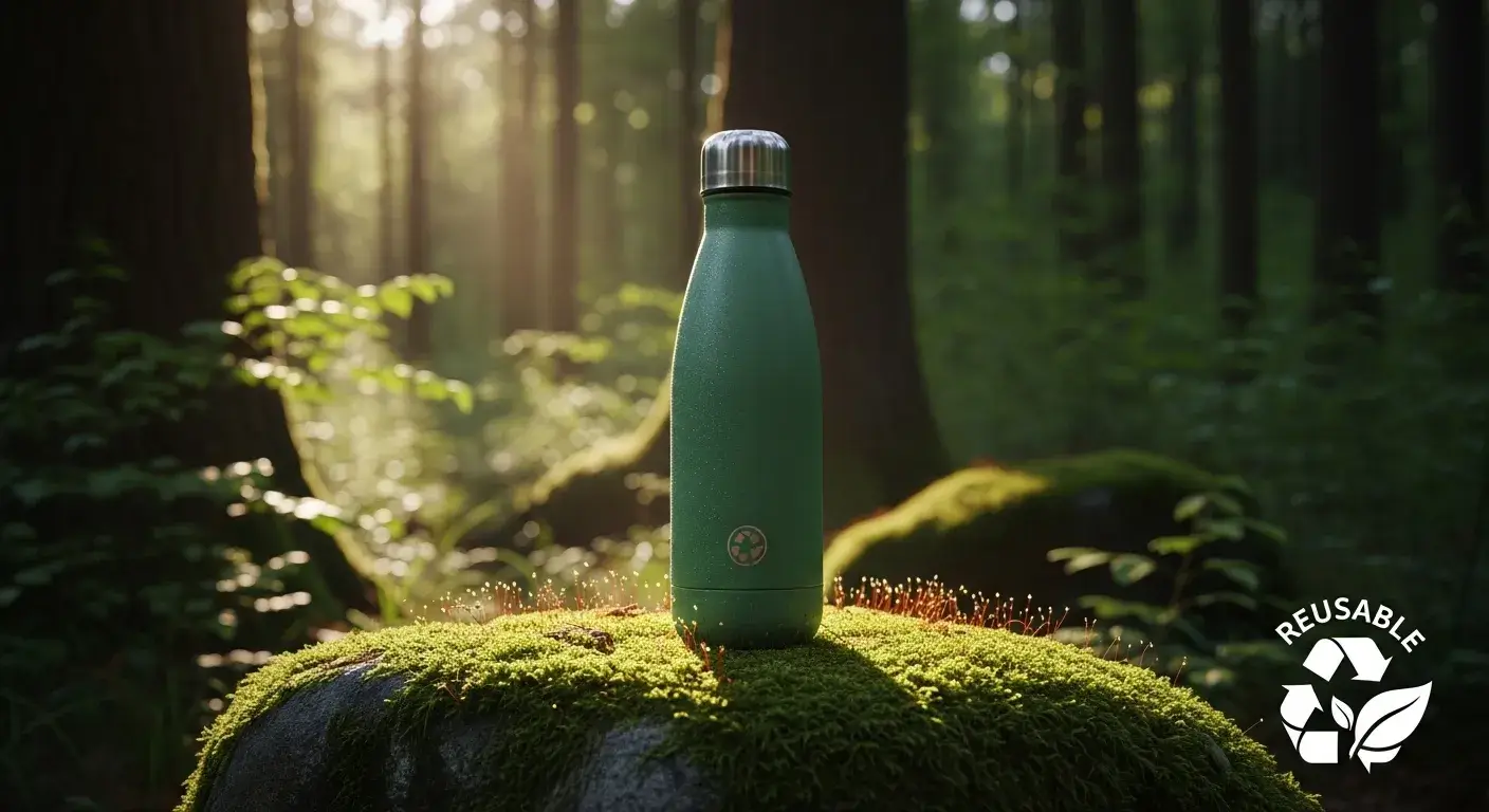 Reusable stainless steel bottle on forest rock