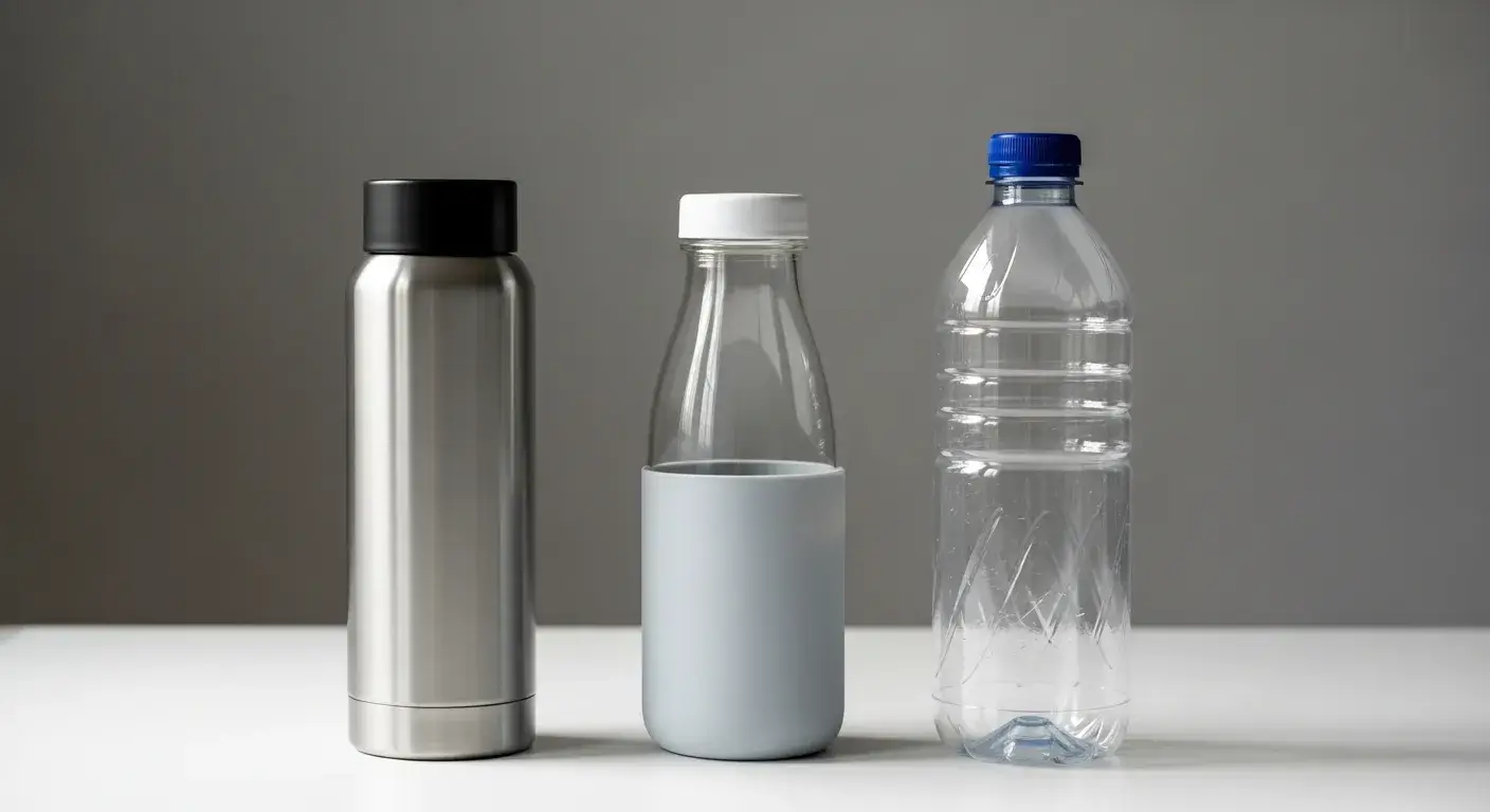 Steel, glass, plastic comparison Three bottles side by side: steel, glass, and plastic