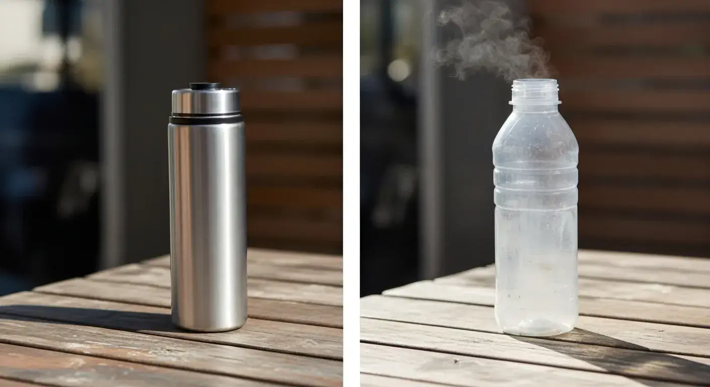 Side-by-side of stainless steel and plastic bottle under heat