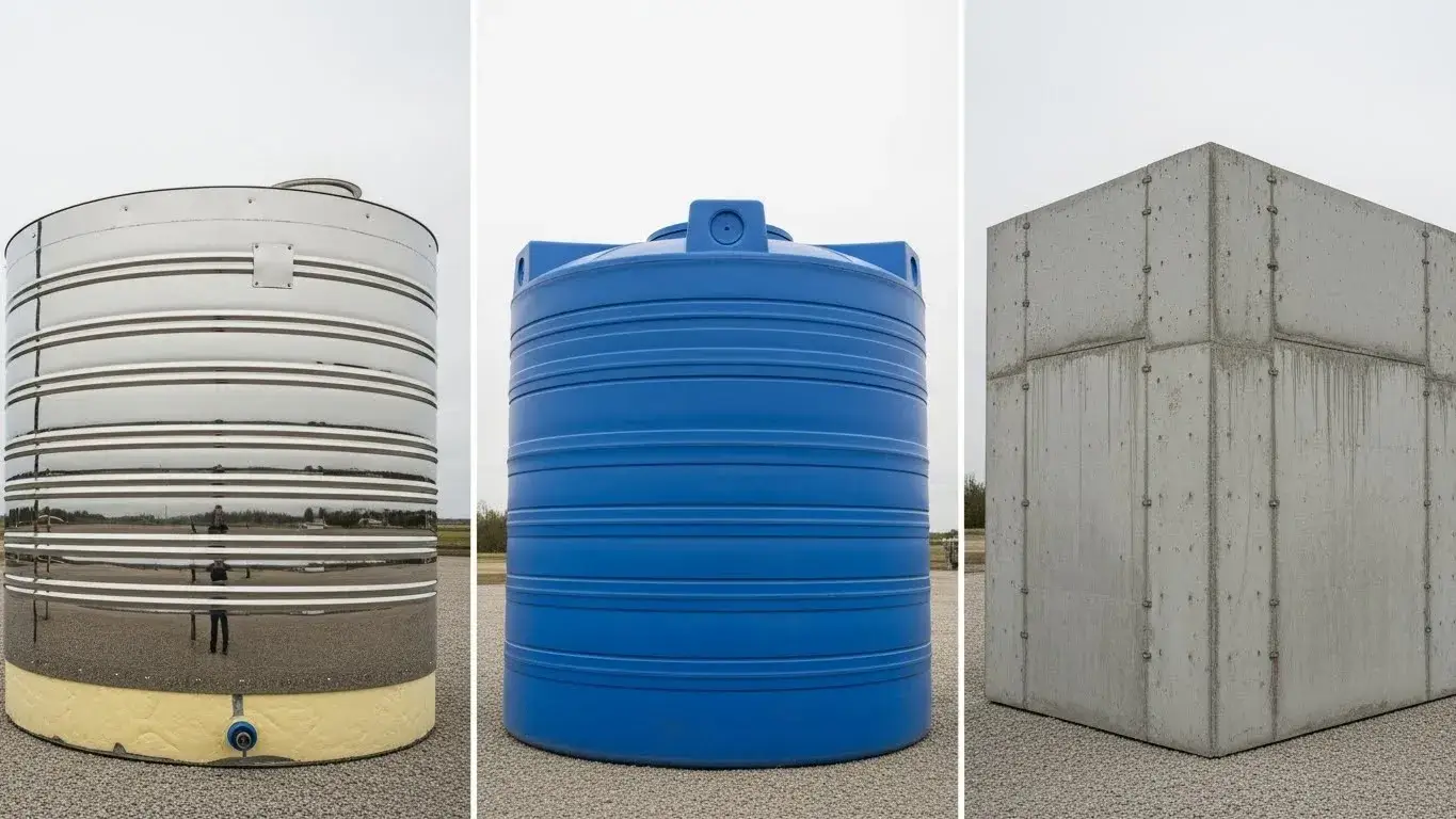 Tank material comparison Three tanks: stainless, plastic, and concrete side-by-side