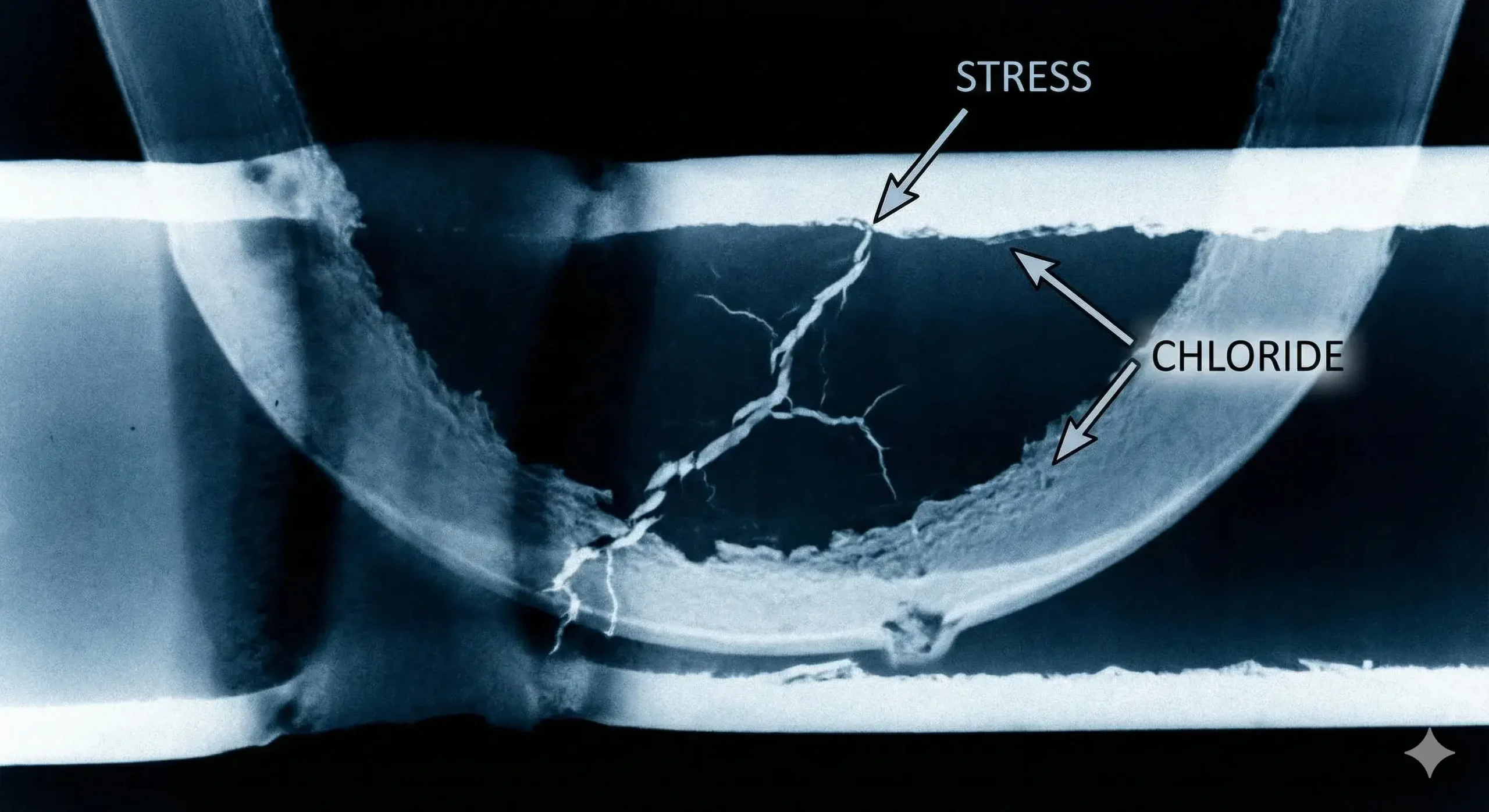 SCC in 304 tube Microscopic stress corrosion crack in 304 tube cross-section