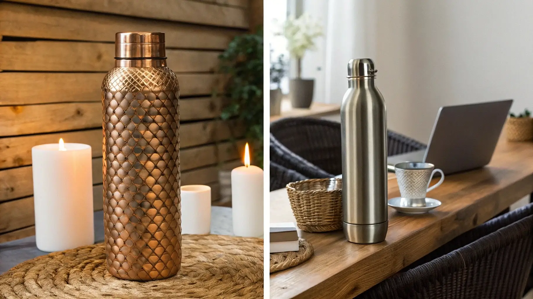 Copper bottle with rustic decor vs stainless steel with modern background in a split scene