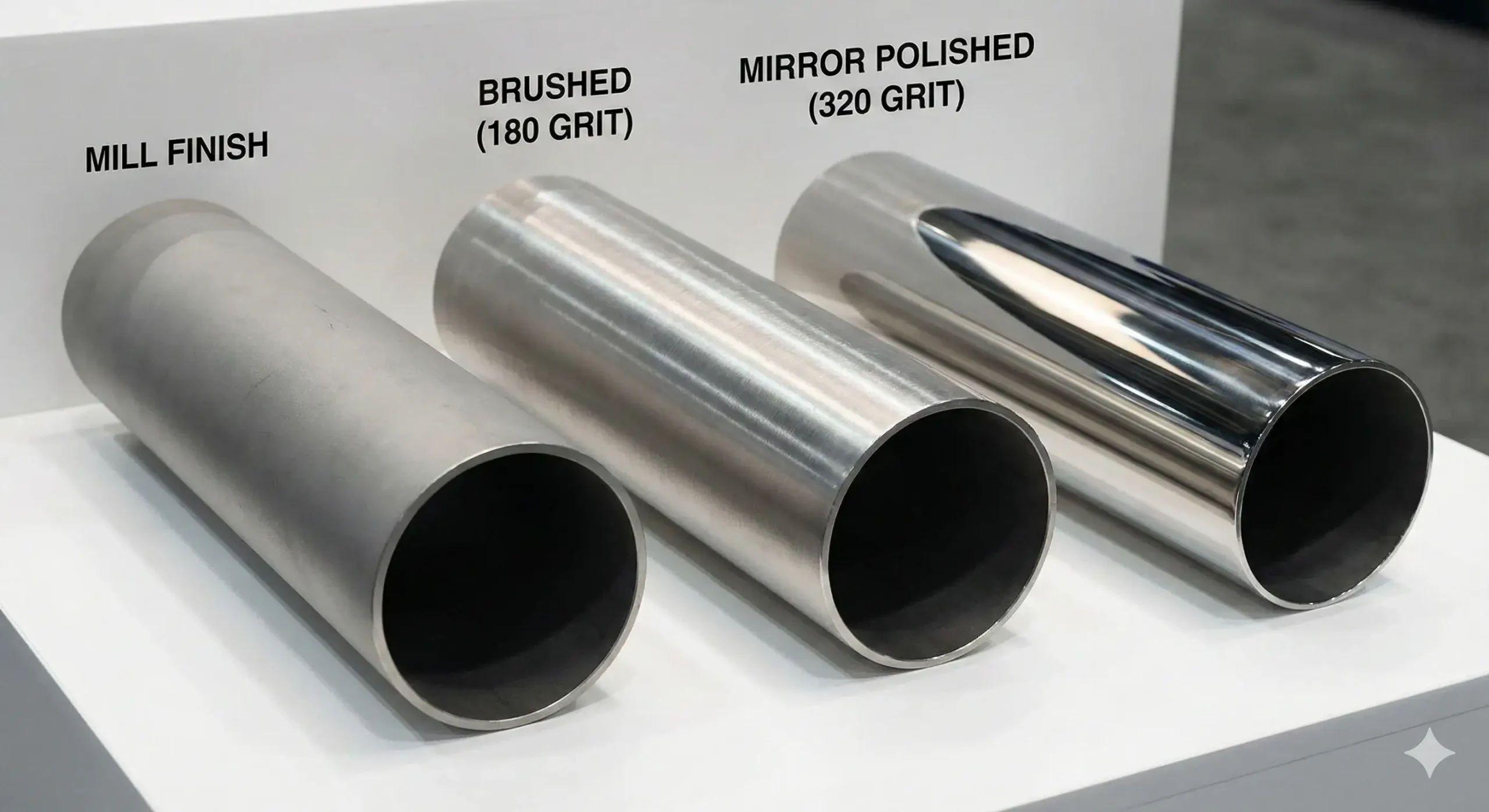 Pipe surface finishes Comparison of mill, 180 grit, and mirror polished stainless pipes