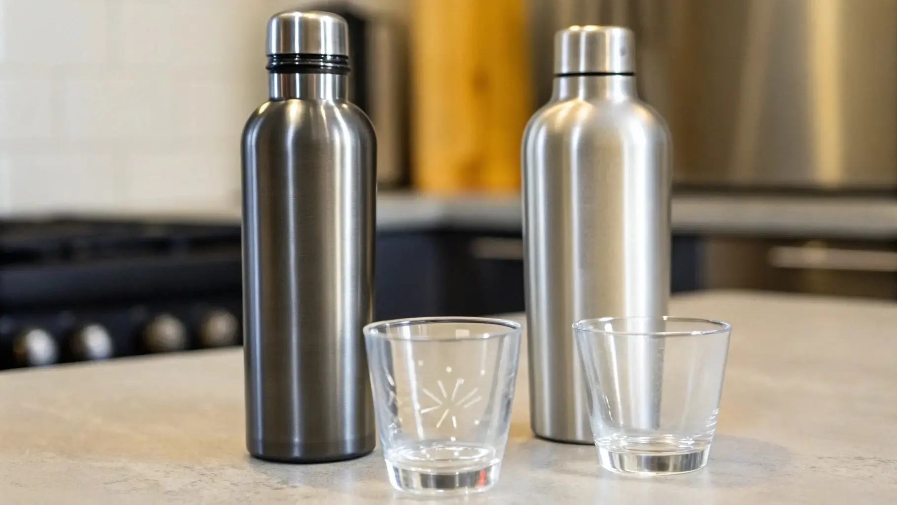 Two glasses of water in front of each bottle with “metallic taste?” icon above aluminum glass