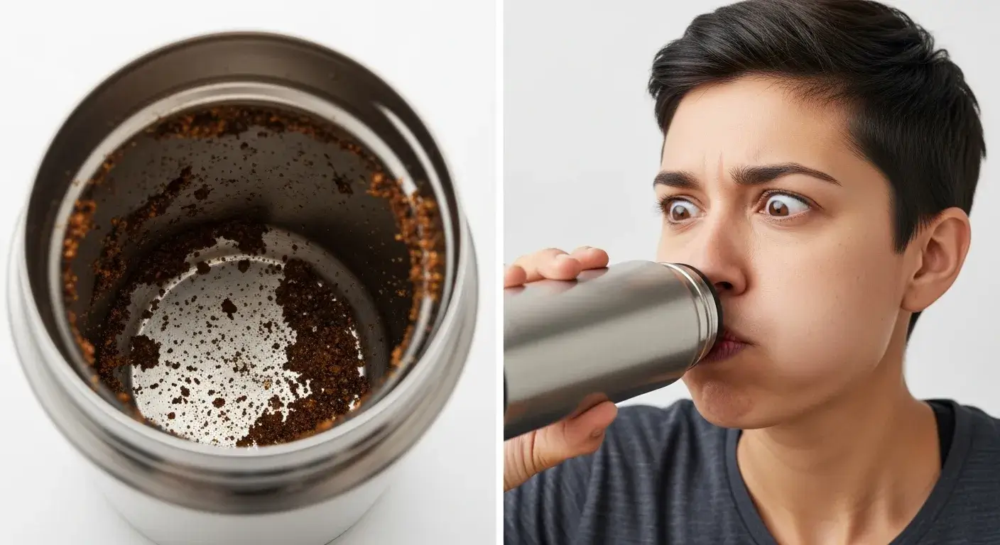 Taste changes from tea stains Metal bottle with dark stain residue inside and grimacing person tasting water